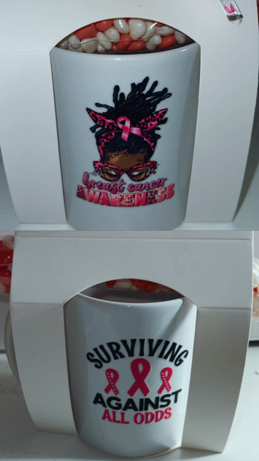 Breast cancer Awareness mugs with treats.